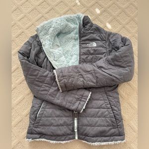 Girls Gray/Light Blue North Face Reversible Jacket Large